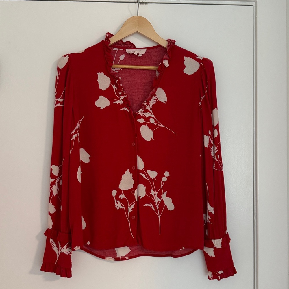 ba&sh Red Floral Ruffle V-Neck Button Front Blouse - Picture 8 of 8